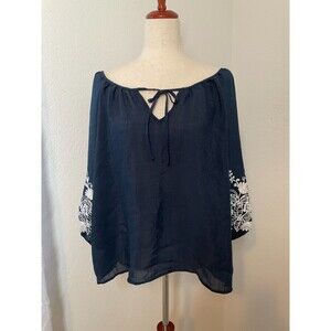 Olivia & Martin Womens Navy Embroidered Peasant Blouse Size XL Boho Hippie
